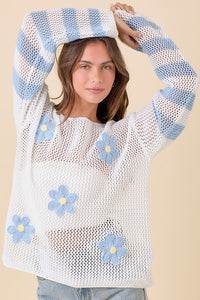 Crochet Boat Neck Sweater Knit Top - Light Blue