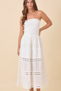 Tube Smocking Midi Lace Border Dress - White or Blue