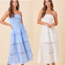 Tube Smocking Midi Lace Border Dress - White or Blue