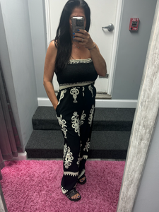 Off Shoulder Ruched Printed High Waist Jumpsuit - Black