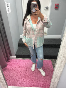 Mystree Plaid Button Up Washed Hoodie Shacket - Washed Rose