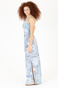 KEYHOLE MAXI DRESS - BLUE-WHITE