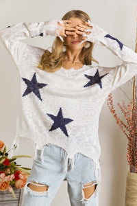 STAR PRINTED KNIT DISTRESSED DETAILED LIGHTWEIGHT SWEATER - ASSORTED COLORS