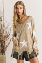 STAR PRINTED KNIT DISTRESSED DETAILED LIGHTWEIGHT SWEATER - ASSORTED COLORS