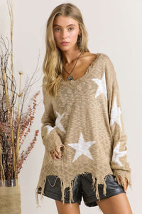 STAR PRINTED KNIT DISTRESSED DETAILED LIGHTWEIGHT SWEATER - ASSORTED COLORS