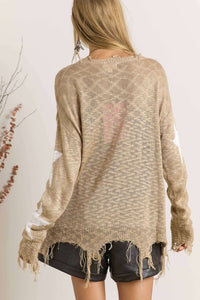 STAR PRINTED KNIT DISTRESSED DETAILED LIGHTWEIGHT SWEATER - ASSORTED COLORS