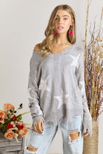 STAR PRINTED KNIT DISTRESSED DETAILED LIGHTWEIGHT SWEATER - ASSORTED COLORS