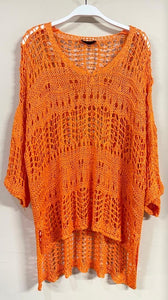 VENTI6 CROCHET DROP SHOULDER 3/4 SLV HIGH LOW SHIRT - ORANGE