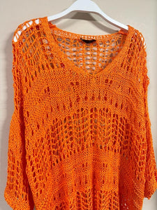 VENTI6 CROCHET DROP SHOULDER 3/4 SLV HIGH LOW SHIRT - ORANGE