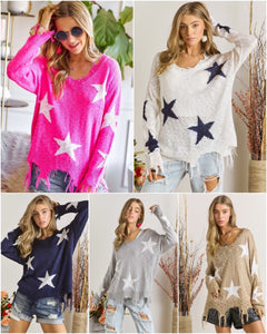 STAR PRINTED KNIT DISTRESSED DETAILED LIGHTWEIGHT SWEATER - ASSORTED COLORS