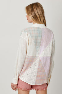 Eyelet Lace Blocked Button Down Shirt - Cotton Candy