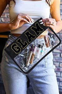GLAM Chenille Embroidered Clear Zipper Makeup Bag - Black