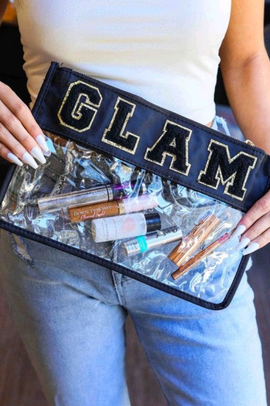 GLAM Chenille Embroidered Clear Zipper Makeup Bag - Black