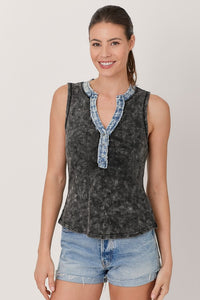 Washed Thermal Sleeveless Henley Top - Black