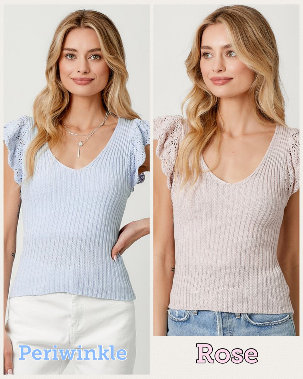 Flutter Crochet Sleeve Sweater Top - Periwinkle or Rose