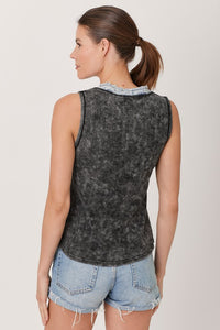 Washed Thermal Sleeveless Henley Top - Black