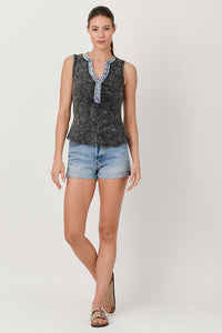 Washed Thermal Sleeveless Henley Top - Black