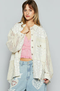 POL Balloon sleeve lace trim woven denim jacket - Denim or Natural