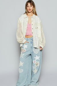 POL Balloon sleeve lace trim woven denim jacket - Denim or Natural