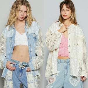 POL Balloon sleeve lace trim woven denim jacket - Denim or Natural