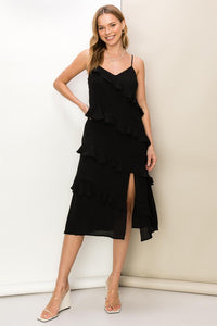 SEARCHING FOR YOU RUFFLED SLEEVELESS MIDI DRESS - BLACK OR OFF WHITE