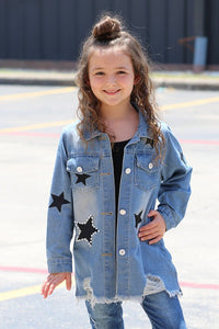 KIDS EMBROIDERED STAR ON DENIM JACKET W/DISTRESSED HEM