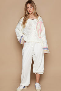 POL V-neck long sleeve peace patch solid sweater - Ivory Multi