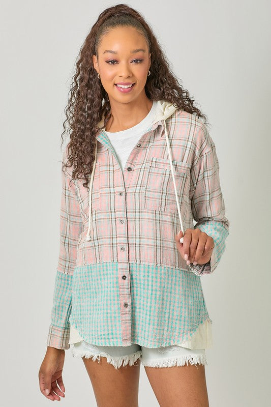 Mystree Plaid Button Up Washed Hoodie Shacket - Washed Rose