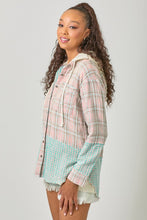 Mystree Plaid Button Up Washed Hoodie Shacket - Washed Rose