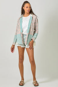 Mystree Plaid Button Up Washed Hoodie Shacket - Washed Rose