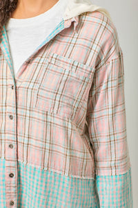 Mystree Plaid Button Up Washed Hoodie Shacket - Washed Rose