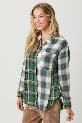 Washed Plaid Oversized Shirt Jacket - Washed Green