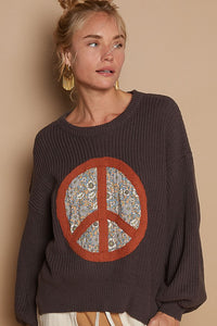 POL Round neck balloon sleeve floral peach sweater - Charcoal