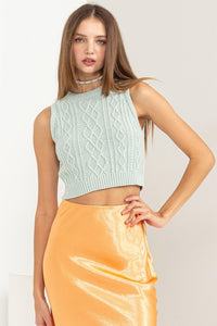 CABLE KNIT CROP SLEEVELESS TOP - MINT