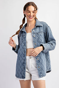 QUILTED BUTTON DOWN JACKET - DENIM OR CAMEL