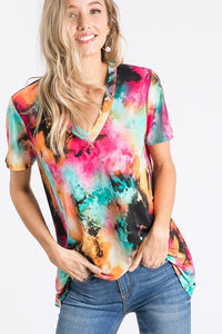 SHORT SLEEVE V NECK MULTI PRINT TOP