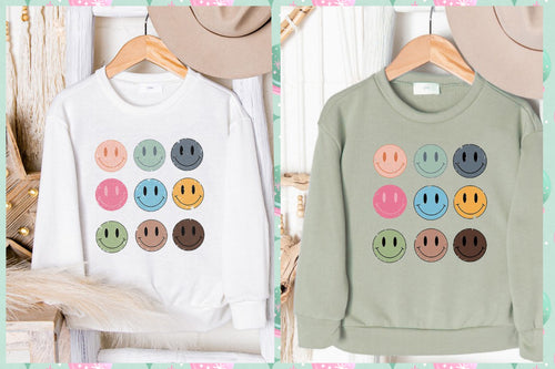 KIDS SMILEY FACES GRAPHIC SWEATSHIRTS - LIGHT SAGE OR WHITE