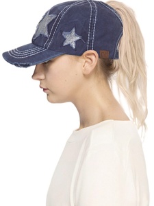 C.C Brand Distressed Pony Cap with Gold Glitter Star - Assorted Colors