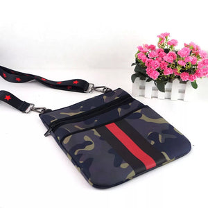 Green Camo Neoprene Crossbody with Red & Black Stripe