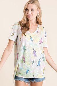 LIGHTNING PRINT WITH TIE DYE GROUND DEEP U NECK