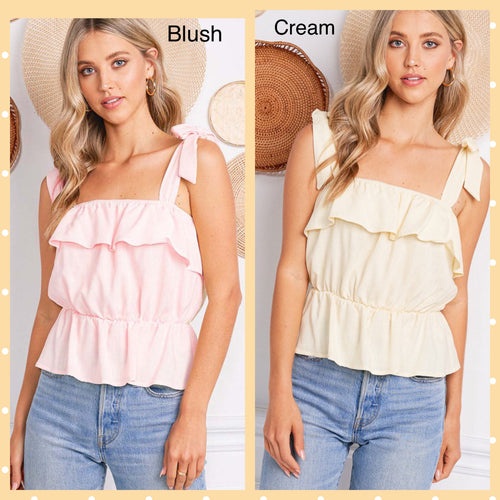 Blouson Shoulder Tie Top with Ruffle details - Blush or Cream