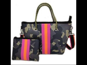 Green Camo w/ Pink & Orange Stripe Mini cross shoulder neoprene bag 💚💗🧡