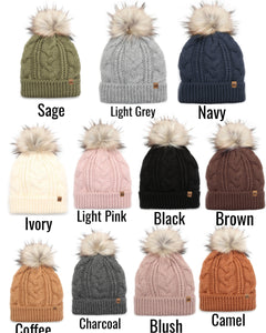 Women's Faux Fur Pom Beanie Hat with Sherpa Lining - Assorted Colors