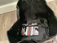 Grey Camo with Red & White Stripe Neoprene Tote