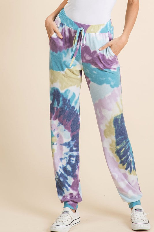 TIE DYE FRENCH TERRY CASUAL PANTS - LAVENDER/BLUE