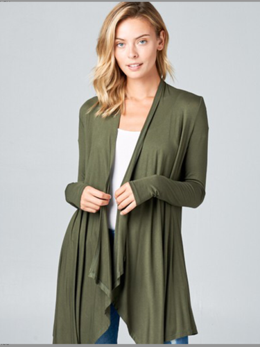 SOLID RAYON JERSEY CASCADE CARDIGAN - OLIVE