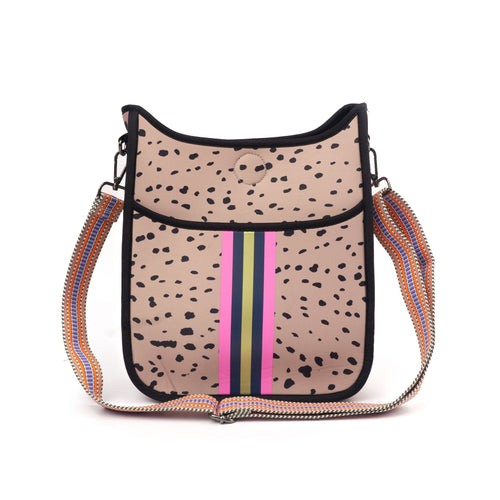 Beige Spotted Neoprene Messenger Bag with Pink, Gold & Navy Stripe