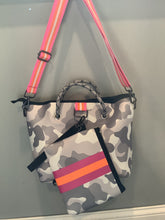 Grey Camo with Lavender & Orange Stripe Mini cross shoulder neoprene bag