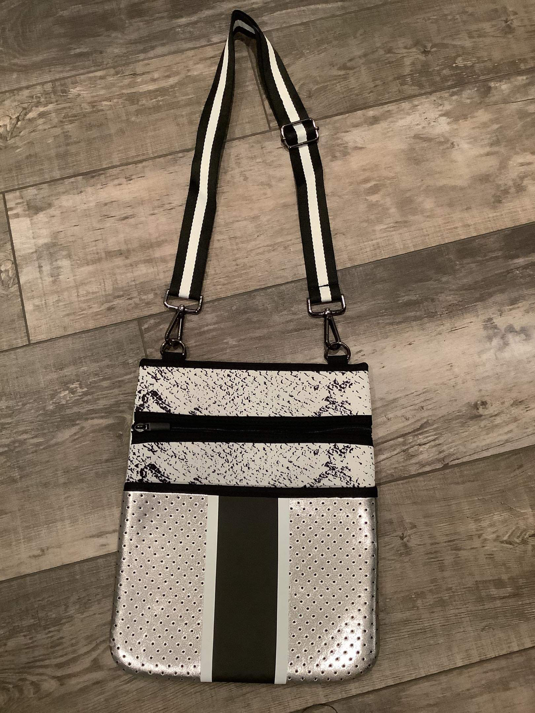 Silver Neoprene Crossbody with Snake Detail and Black/White stripe