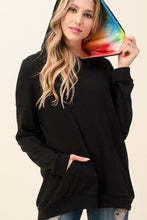 CONTRAST MULTI COLOR WAFFLE KNIT KANGAROO POCKET HOODIE TOP - BLACK WITH TIEDYE HOOD